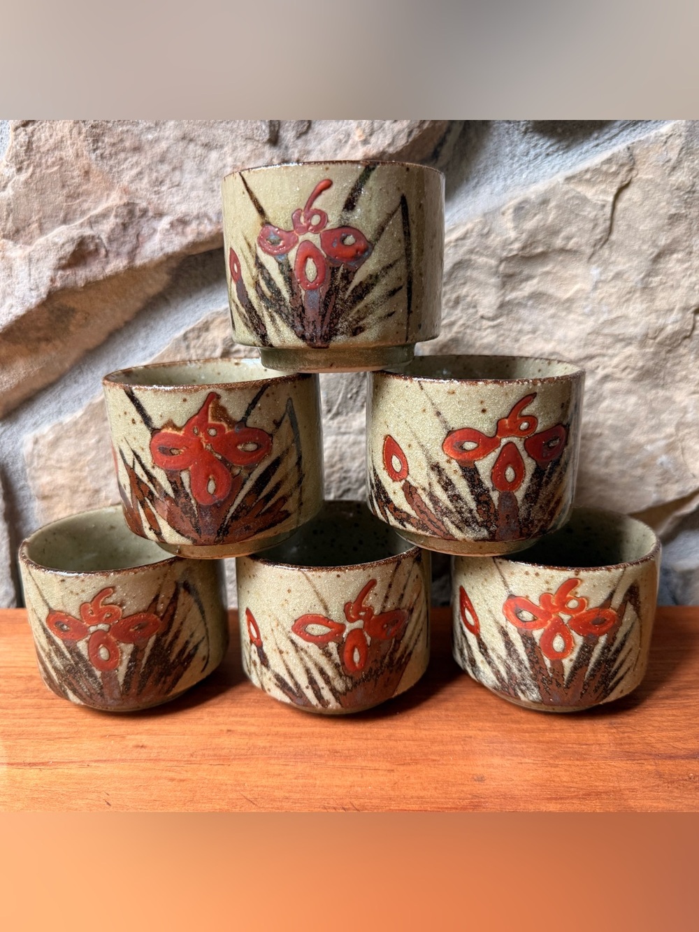 Vintage Ceramic Japanese Tea Cups - Green with Orange Floral Motif (Set of 6)